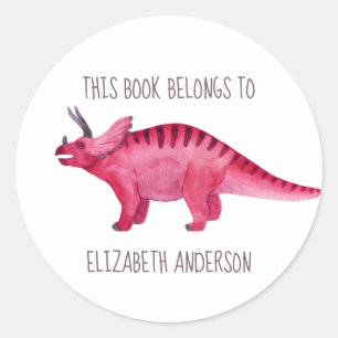 Roze Dinosaur "Dit boek behoort tot" Bladplaat Ronde Sticker