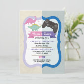 Roze Dinosaur en Gaming Joint Boy Girl Birthday Kaart (Staand voorkant)