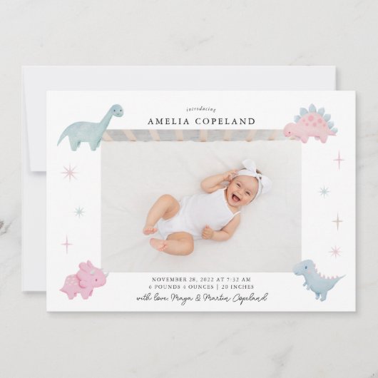 Roze Dinosaur Girl Baby Foto Geboorteaankondiging Aankondiging (Voorkant)