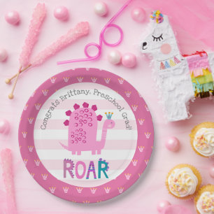 Roze Dinosaur Girl Peuterafsluiting Fantasievol Papieren Bordje
