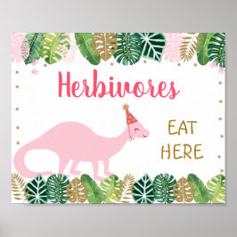 Roze dinosaur Herbivores Birthday Food Table Sign Poster