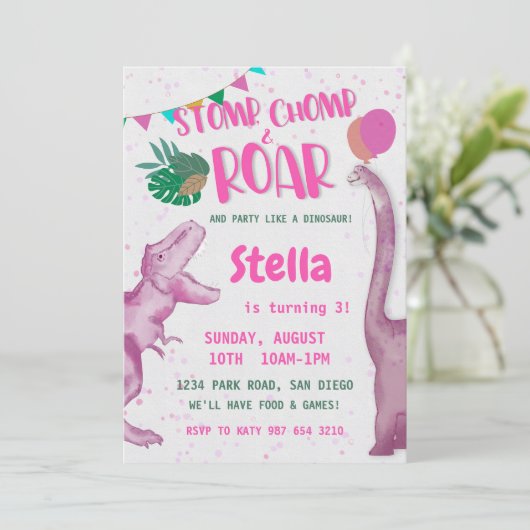 Roze Dinosaur Meisje Kaart (Staand voorkant)