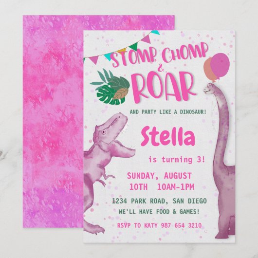 Roze Dinosaur Meisje Kaart (Voorkant / Achterkant)