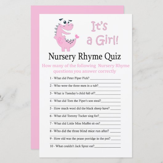 Roze Dinosaur Nursery Rhyme Quiz baby shower game (Voorkant / Achterkant)