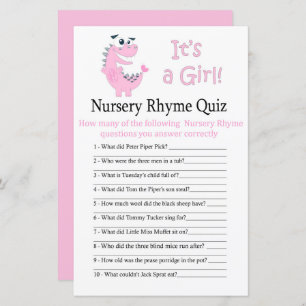 Roze Dinosaur Nursery Rhyme Quiz baby shower game