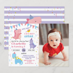 Roze Dinosaur Roar Birthday Girls Dino Party Foto Kaart