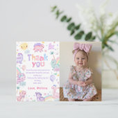 Roze Dinosaur T-Rex Verjaardagsfoto Bedankkaart (Staand voorkant)