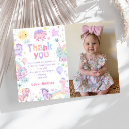 Roze Dinosaur T-Rex Verjaardagsfoto Bedankkaart