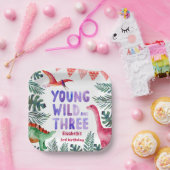 Roze Dinosaur Waterverf Young Wild and Three Papieren Bordje (Feest)