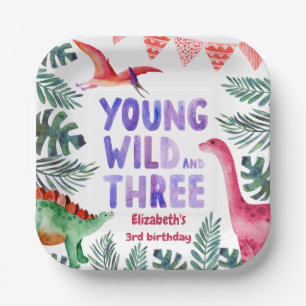 Roze Dinosaur Waterverf Young Wild and Three Papieren Bordje