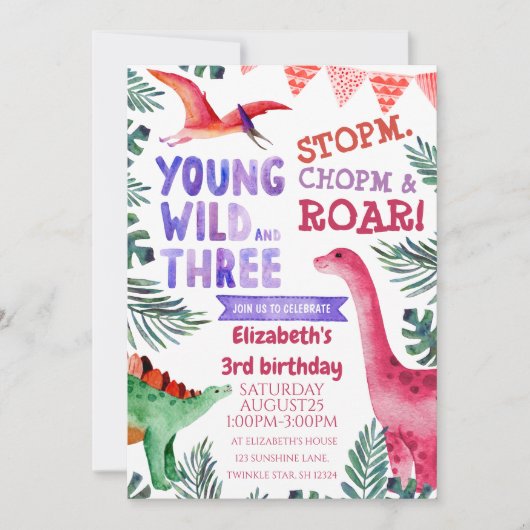 Roze Dinosaur Young Wild and Three Waterverf Kaart (Voorkant)