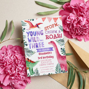Roze Dinosaur Young Wild and Three Waterverf Kaart