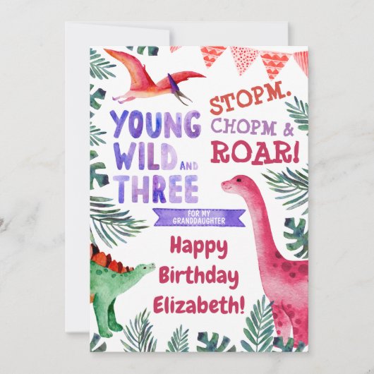 Roze Dinosaur Young Wild en Drie derde verjaardag (Voorkant)