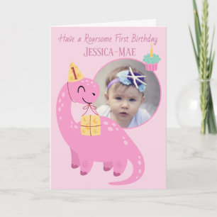 Roze dinosaurus 1e verjaardagskaart kaart
