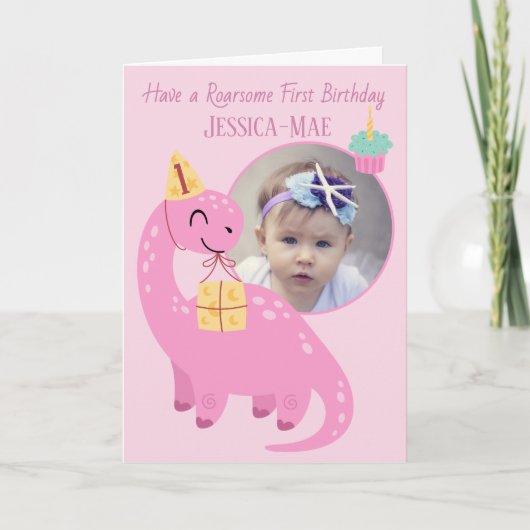 Roze dinosaurus 1e verjaardagskaart kaart (Voorkant)