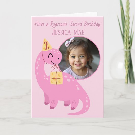 Roze dinosaurus 2e verjaardagskaart kaart (Voorkant)