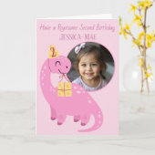 Roze dinosaurus 2e verjaardagskaart kaart (Gele Bloem)