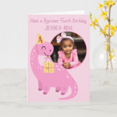 Roze dinosaurus 4e verjaardagskaart kaart (Gele Bloem)