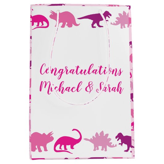 Roze dinosaurus Baby shower Medium Cadeauzakje (Voorkant)