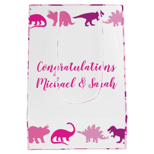Roze dinosaurus Baby shower Medium Cadeauzakje (Achterkant)