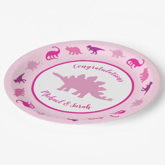 Roze dinosaurus Baby shower Papieren Bordje (Gekanteld)