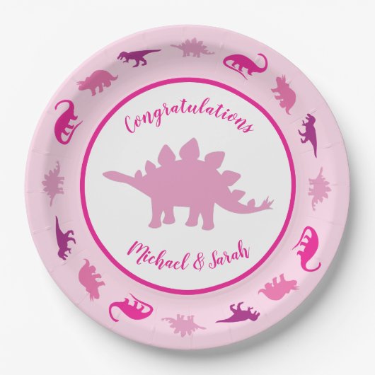 Roze dinosaurus Baby shower Papieren Bordje (Voorkant)