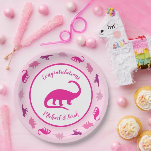 Roze dinosaurus Baby shower Papieren Bordje (Feest)