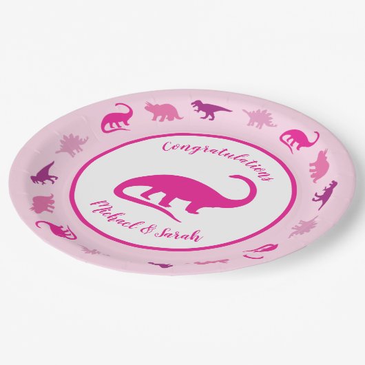 Roze dinosaurus Baby shower Papieren Bordje (Gekanteld)
