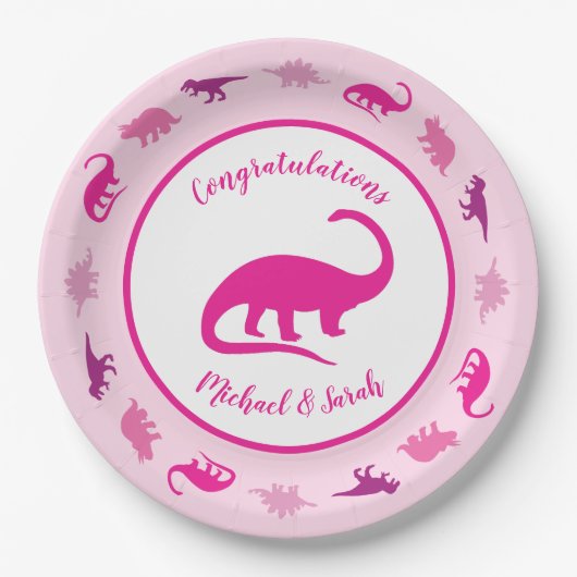 Roze dinosaurus Baby shower Papieren Bordje (Voorkant)