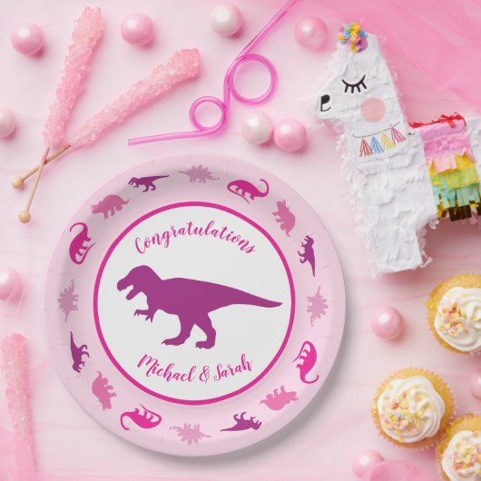 Roze dinosaurus Baby shower Papieren Bordje (Feest)
