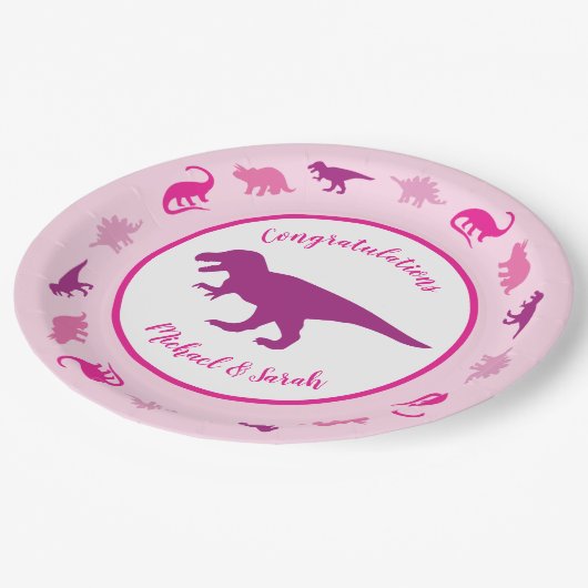 Roze dinosaurus Baby shower Papieren Bordje (Gekanteld)