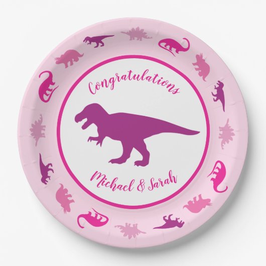 Roze dinosaurus Baby shower Papieren Bordje (Voorkant)