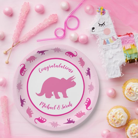 Roze dinosaurus Baby shower Papieren Bordje (Feest)