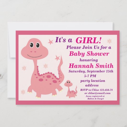 Roze dinosaurus baby shower uitnodiging (Voorkant)