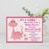 Roze dinosaurus baby shower uitnodiging (Staand voorkant)