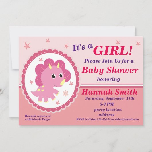 Roze dinosaurus baby shower uitnodiging (Voorkant)