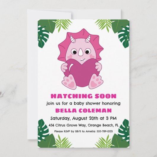 Roze Dinosaurus Baby Shower Uitnodigingen (Voorkant)