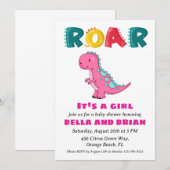 Roze Dinosaurus Baby Shower Uitnodigingen (Voorkant / Achterkant)