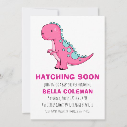 Roze Dinosaurus Baby Shower Uitnodigingen (Voorkant)