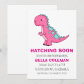 Roze Dinosaurus Baby Shower Uitnodigingen (Voorkant / Achterkant)