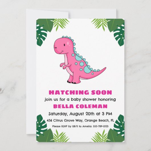 Roze Dinosaurus Baby Shower Uitnodigingen (Voorkant)