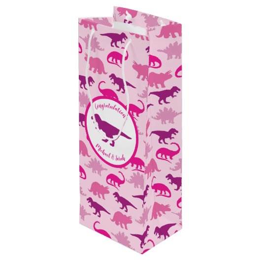 Roze dinosaurus Baby shower Wijn Cadeautas (Achterkant Gekanteld)
