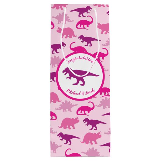 Roze dinosaurus Baby shower Wijn Cadeautas (Achterkant)