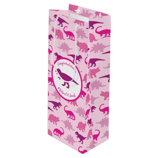 Roze dinosaurus Baby shower Wijn Cadeautas (Voorkant Gekanteld)