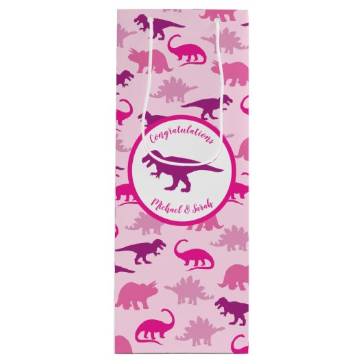 Roze dinosaurus Baby shower Wijn Cadeautas (Voorkant)