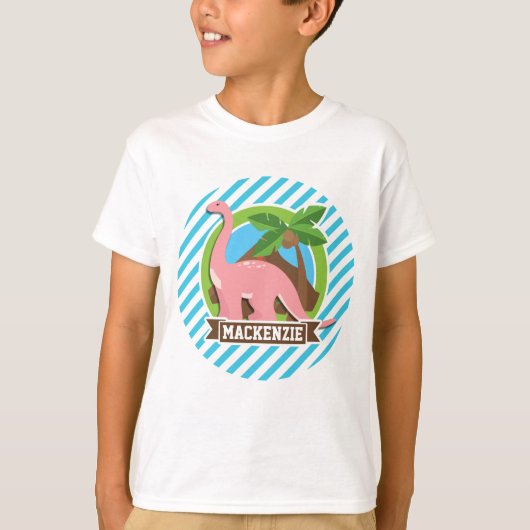 Roze Dinosaurus; Blauwe & Witte Strepen T-shirt (Voorkant)