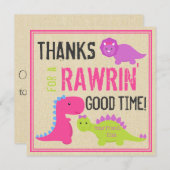 Roze Dinosaurus Dank je Opmerking Meisjes Dinosaur Feestdagenkaart (Voorkant / Achterkant)