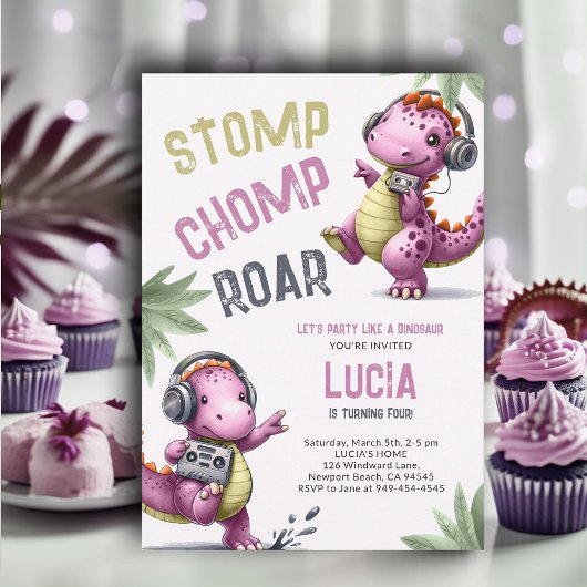 Roze Dinosaurus Dans Stomp Chomp Roar Meisje Verja Kaart