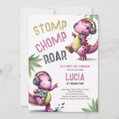 Roze Dinosaurus Dans Stomp Chomp Roar Meisje Verja Kaart (Voorkant)