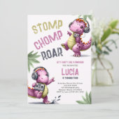 Roze Dinosaurus Dans Stomp Chomp Roar Meisje Verja Kaart (Staand voorkant)